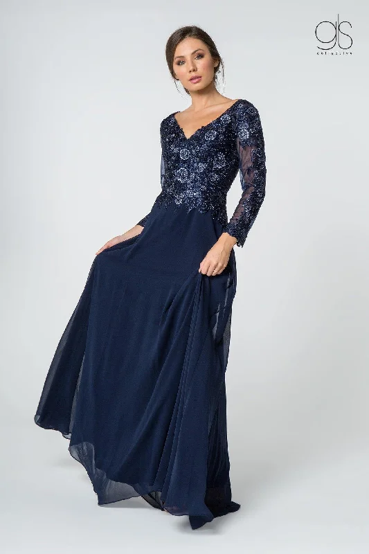 Boho - inspired wedding dresses with floral embroidery​ Formal Long Sleeve Mother of the Bride Chiffon Dress Sale