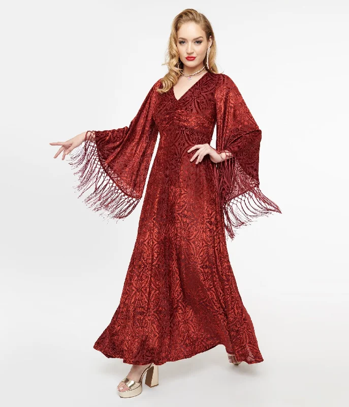 Everyday Dress with Lace - trimmed Hem for Elegance​ Smak Parlour 1970s Burgundy Velvet Burnout Fringe Sleeve Maxi Dress