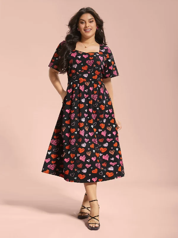 Everyday Sundress with Strappy Back for Beach​ Heart Print Ruched Stretchy Waist Dress