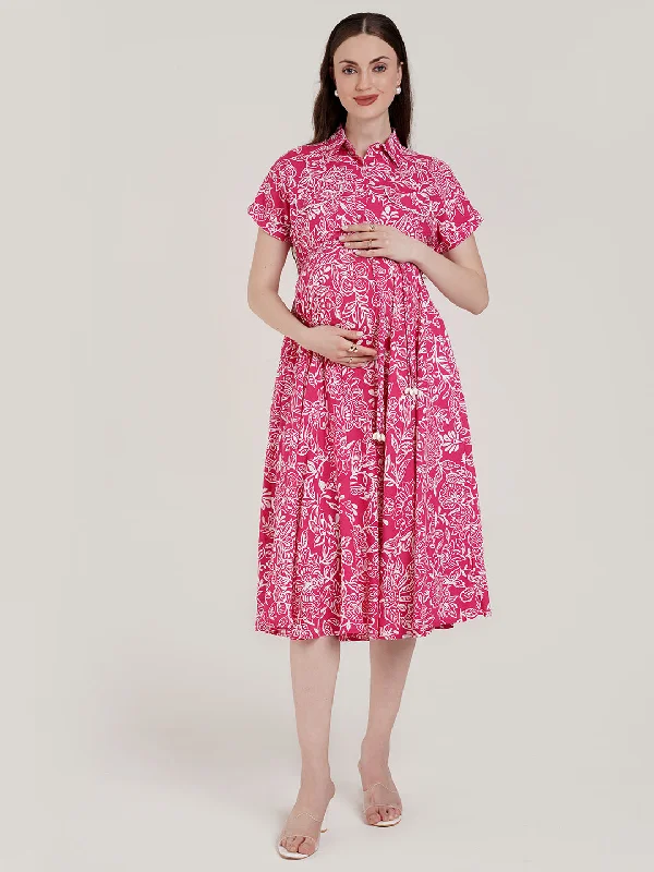 Maternity dress for a dinner date with partner Pink Maternity Button Down Shirt Dress