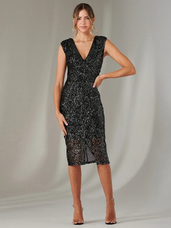 Midi dresses with puff sleeves for a vintage - inspired look Demi Sequin Wrap Slit Bodycon Dress, Black Midi dresses with puff sleeves for a vintage - inspired look Demi Sequin Wrap Slit Bodycon Dress, Black