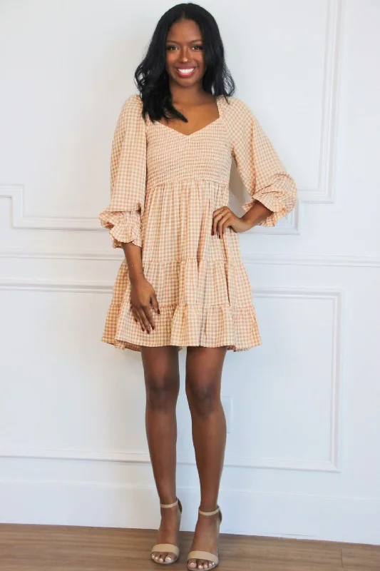 Organic Cotton Casual Dresses for a Natural Choice​ Zinnia Gingham Smocked Babydoll Dress: Apricot