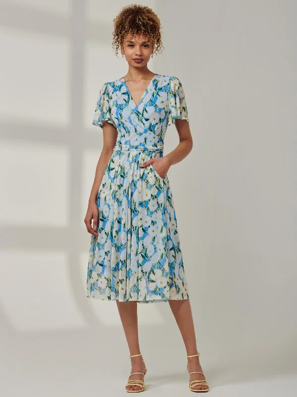 Midi dresses with animal prints for a bold and confident appearance Kairi Floral Print Mesh Midi Dress, Blue Floral