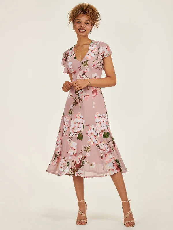 Midi dresses with cold - shoulder cutouts for a trendy style Essie Fit & Flare Mesh Dress, Pink Floral
