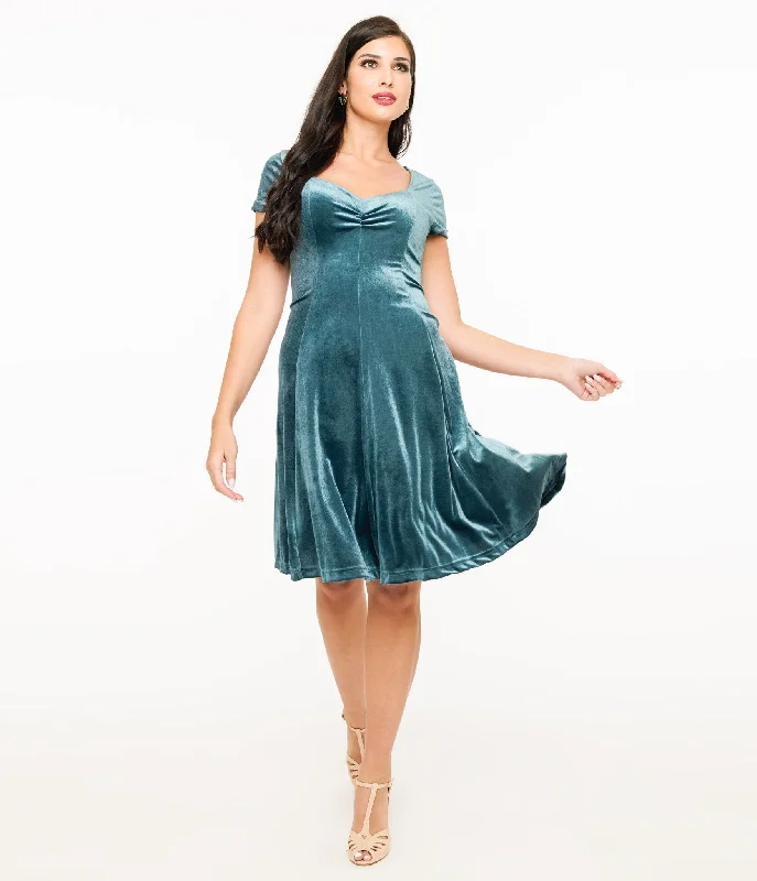 Everyday Dress with Solid - color Bodice and Printed Skirt for a Contrast Look​ Teal Velvet Mini Dress