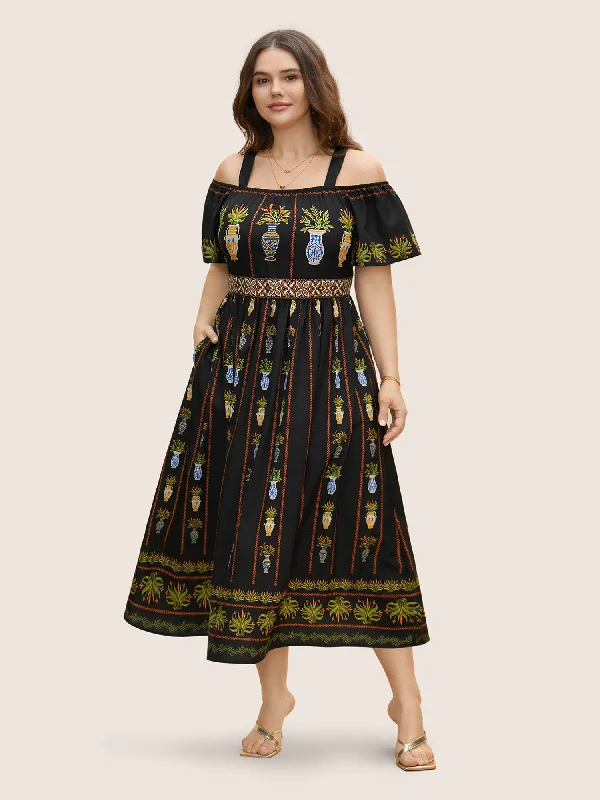 Everyday Dress with Sequined Appliques for a Sparkling Effect​ Boho Print Off Shoulder Woven Ribbon Dress