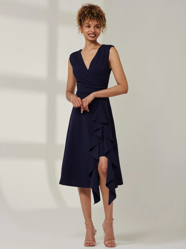 Midi dresses with wrap - around skirts for a customizable fit Qiana Ruffle Detail Midi Dress, Navy Midi dresses with wrap - around skirts for a customizable fit Qiana Ruffle Detail Midi Dress, Navy