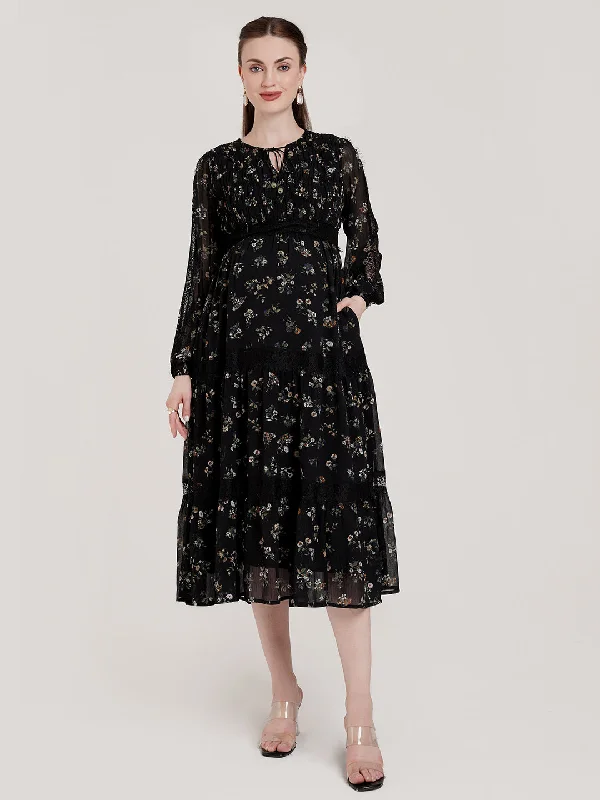 Maternity dress with side ruching to accommodate bump Black Chiffon Maternity Dress