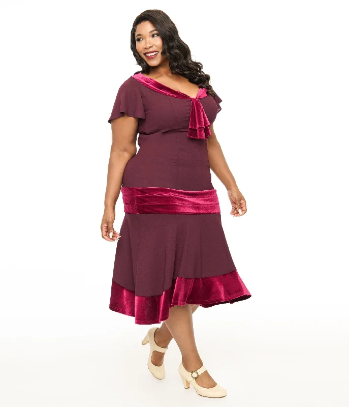 Everyday Dress with Raglan Sleeves for a Comfortable Fit​ Unique Vintage Plus Size 1920s Burgundy Wilshire Flapper Day Dress