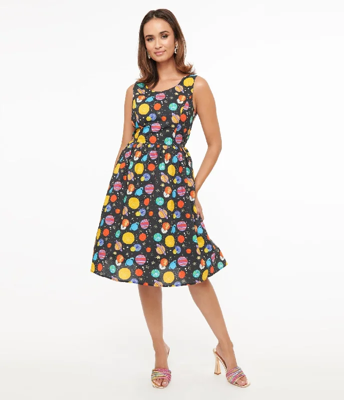  1950s Black & Multicolor Planets Cotton Swing Dress