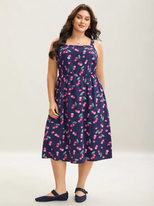  Cherry Print Stretchy Waist Pockets Midi Dress