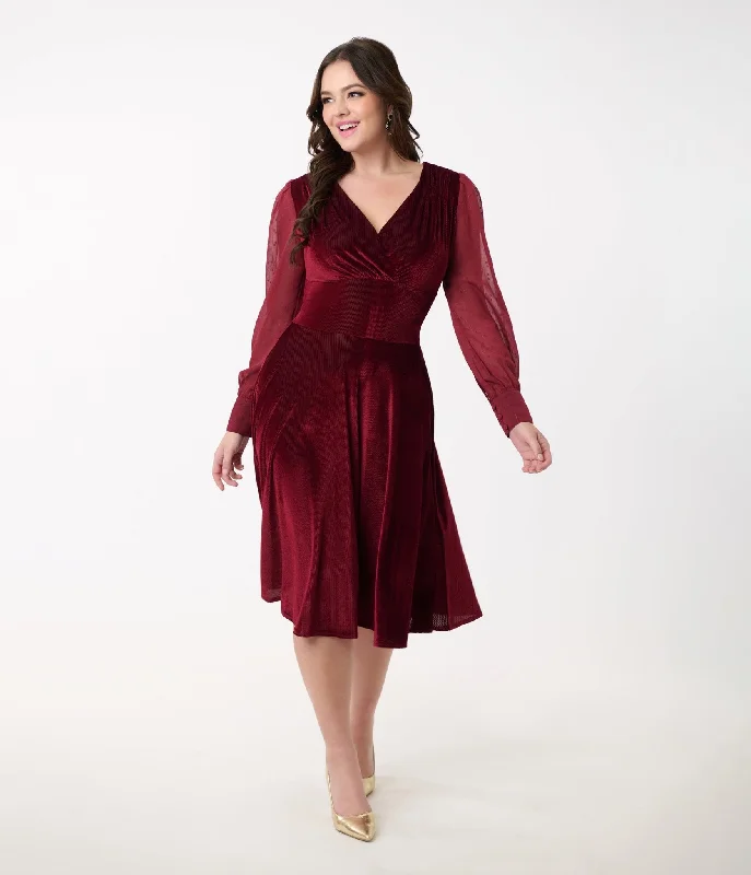 Everyday Dress with Hidden Pockets for Practicality​ Unique Vintage 1950s Berry Velvet Sheer Sleeve Delores Swing Dress