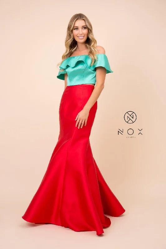 Ruffled wedding dresses with a cascading effect​ Long Two Piece Crop Top Off The Shoulder Prom Dress