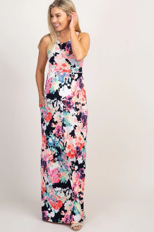 Maternity dress for a baby's first swim PinkBlush Navy Abstract Floral Sleeveless Maternity Maxi Dress