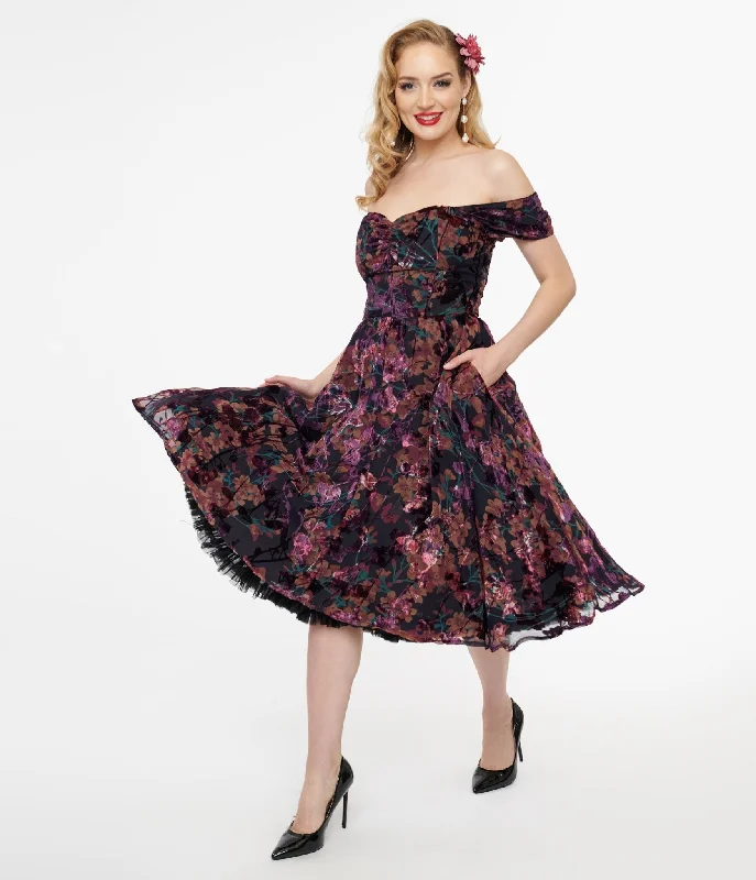  Unique Vintage 1950s Purple Floral Velvet Burnout Off Shoulder Flare Dress