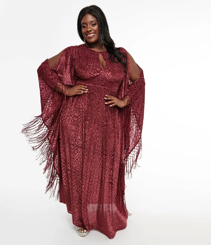  Unique Vintage Plus Size 1960s Burgundy Velvet Burnout Caftan