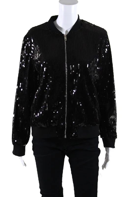 Embroidered women's cotton coats in a bohemian pattern for a unique designApricot Womens Sequin Full Zip Bomber Jacket Black