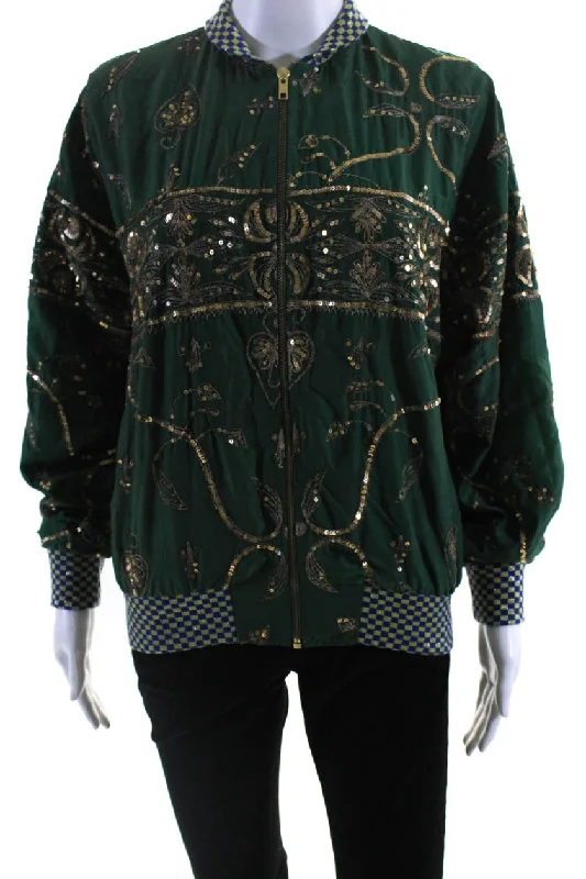 Women's faux fur coats in bright colors for a bold fashion statementAshish Womens Salvaged Sari Metallic Embroidered Bomber Jacket Green Women's faux fur coats in bright colors for a bold fashion statementAshish Womens Salvaged Sari Metallic Embroidered Bomber Jacket Green