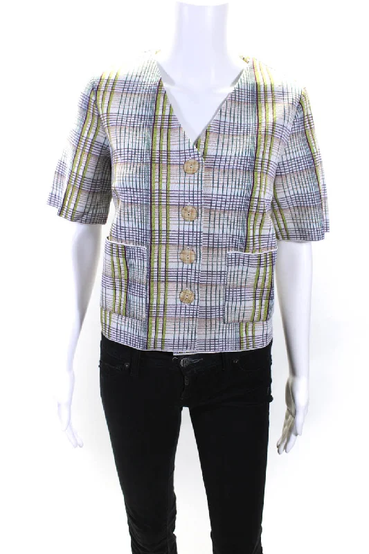 Women's cropped leather coats with silver studs for an edgy lookCatherine Andre Womens Short Sleeve Knit Plaid V Neck Jacket Green White Small