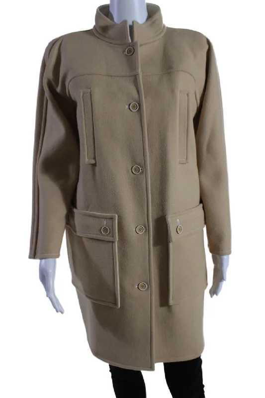 Hooded women's puffer coats in neon colors for high - visibility sportsCourreges Womens Beige Wool Pockets High Neck Long Sleeve Coat Hooded women's puffer coats in neon colors for high - visibility sportsCourreges Womens Beige Wool Pockets High Neck Long Sleeve Coat