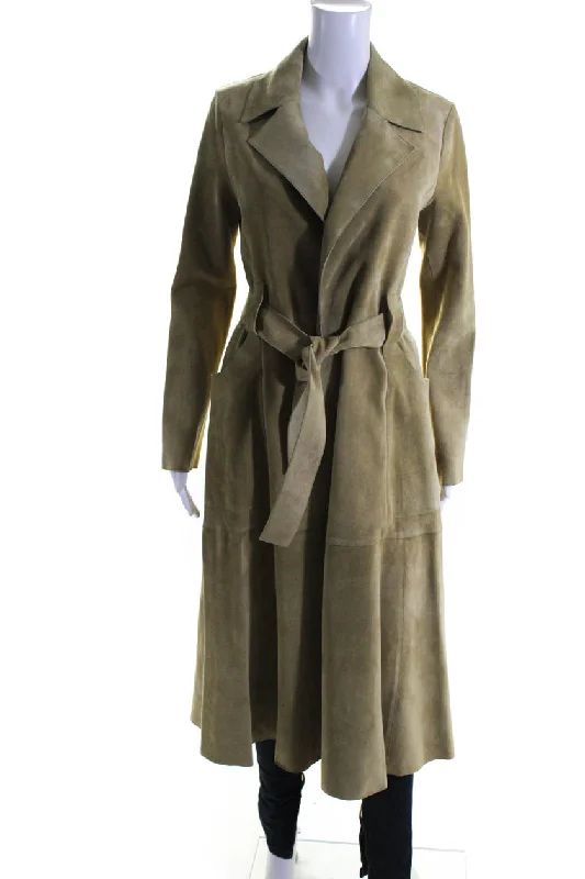 Women's reversible down coats with two - tone designs for versatile stylingDerek Lam Womens Suede Belted Wrap Coat Ginger Beige