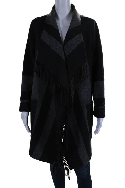 Mid - length women's down coats in a slim fit for a modern and sleek appearanceDiane Von Furstenberg Womens Fringe Open Front Striped Coat Gray Wool Medium