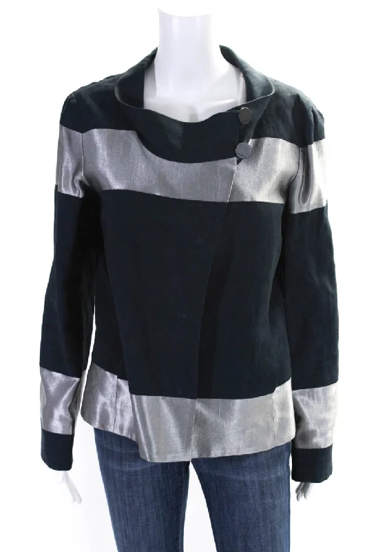 Women's long - sleeve wool coats in a houndstooth pattern for a classic charmGiorgio Armani Womens Navy Silver Color Block Long Sleeve Jacket Women's long - sleeve wool coats in a houndstooth pattern for a classic charmGiorgio Armani Womens Navy Silver Color Block Long Sleeve Jacket