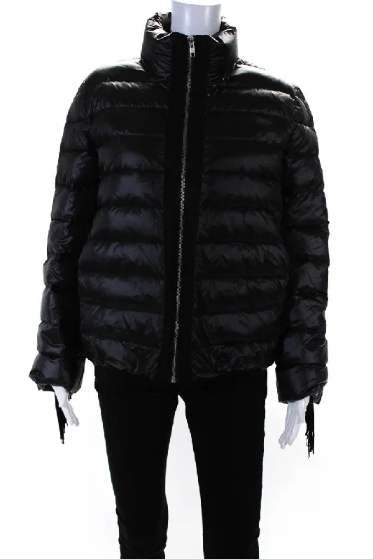 Women's long - sleeve wool coats in a houndstooth pattern for a classic charmGlamourpuss Womens Striped Quilt Fringe Sleeve Zipped Puffer Coat Black
