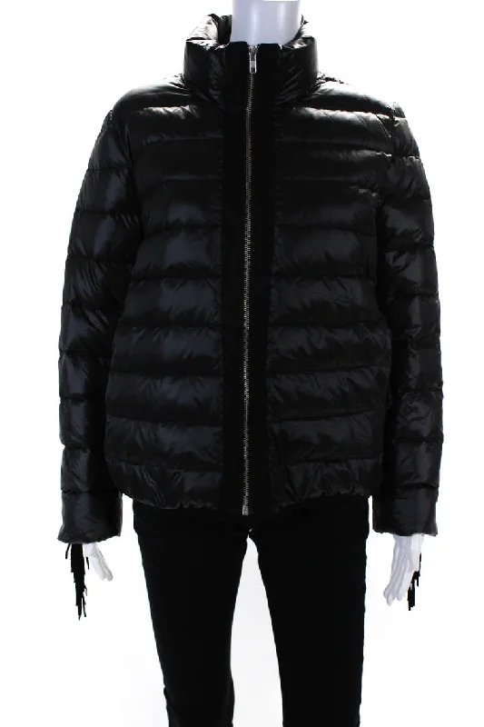 Checkered women's wool coats in a classic pattern for a timeless styleGlamourpuss Womens Striped Quilt Fringe Sleeve Zipped Puffer Jacket Black