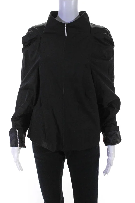 Embroidered women's cotton coats in a bohemian pattern for a unique designHankim Womens Multi Panelled High Neck Sateen Full Zip Jacket Black