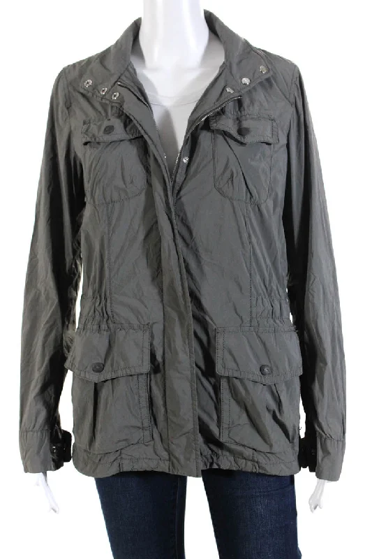 Belted women's cashmere coats in soft pastels for a luxurious feelHerno Womens Multi-Pocket Zip-Up Turtleneck Cinched Waist Jacket Gray