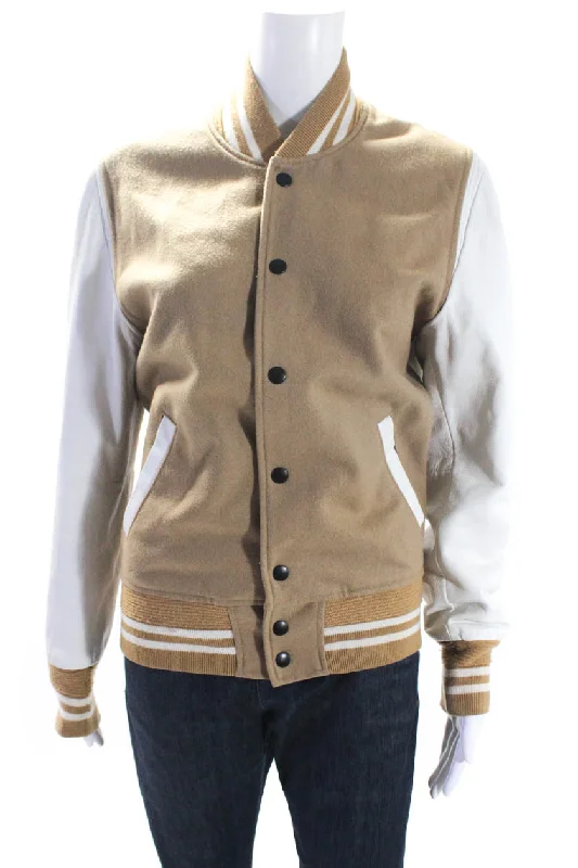 Quilted down women's coats with removable hoods for outdoor activitiesJohn Elliott Women's Long Sleeves Button Up Pockets Bomber Jacket Beige