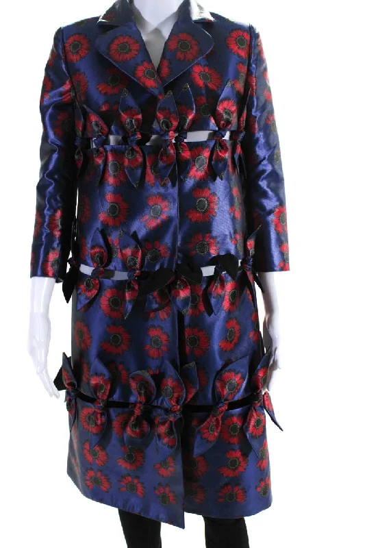 Oversized women's wool coats in a monochromatic look for a trendy outfitJonathan Cohen Womens Button Front Knotted Bow Floral Cut Out Coat Blue Small
