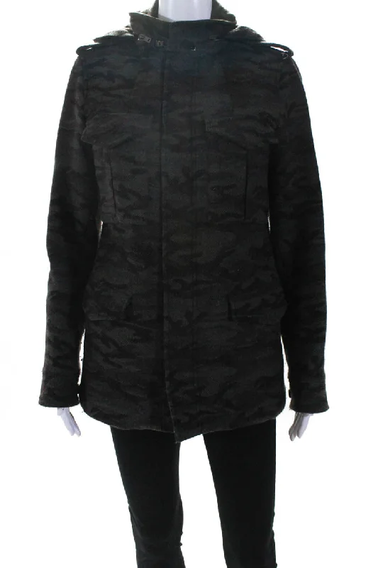 Quilted down women's coats with removable hoods for outdoor activitiesLucien Pellat-Finet Womens Wool Camouflage Hooded Zip Up Jacket Green