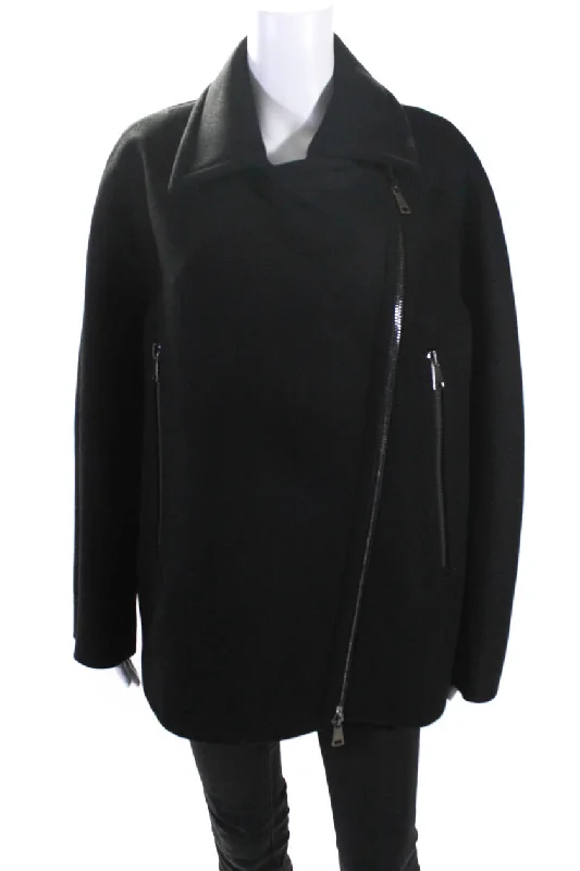 Women's knee - length wool blend coats with a fur collar for added warmthMantu Womens Asymmetrical Compact Wool Full Zip Coat Jacket Black