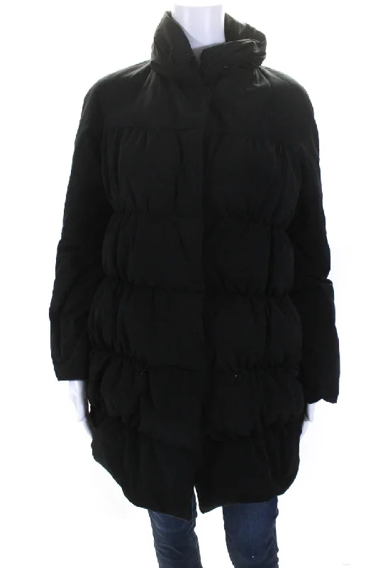 Long women's mac coats in a lightweight fabric for spring showersMoncler Womens Quilted Snap Button Collared Long Sleeve Puffer Coat Black