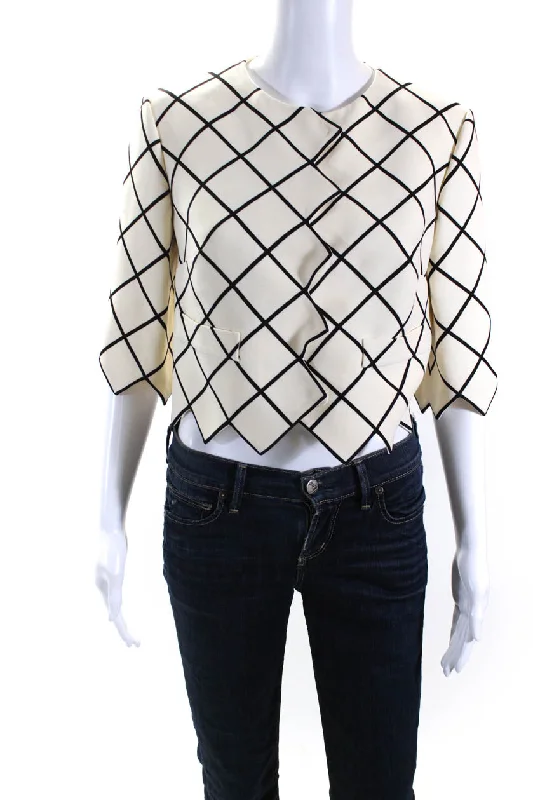 Shearling - lined women's leather coats for ultimate warmth and luxuryOscar de la Renta Womens Zig Zag Hem Crop Check Snap Jacket Black Cream
