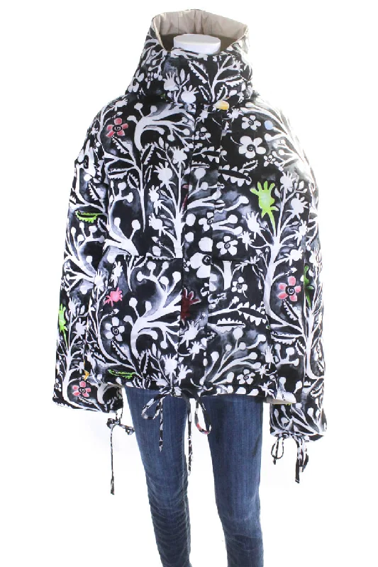 Shearling - lined women's leather coats for ultimate warmth and luxuryRosie Assoulin Womens Reversible Floral Satin Puffer Coat Black White Medium