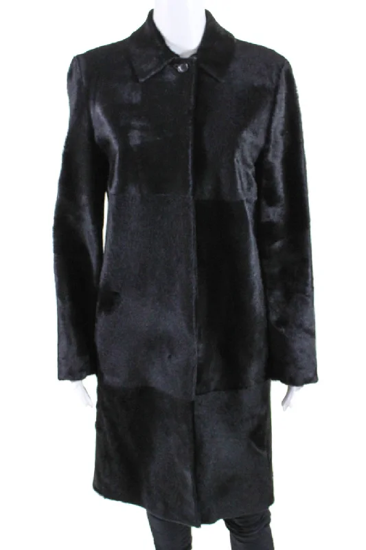 Women's waterproof parka coats with multiple pockets for practicalityS Max Mara Womens Long Pony Hair Button Up Coat Jacket Black