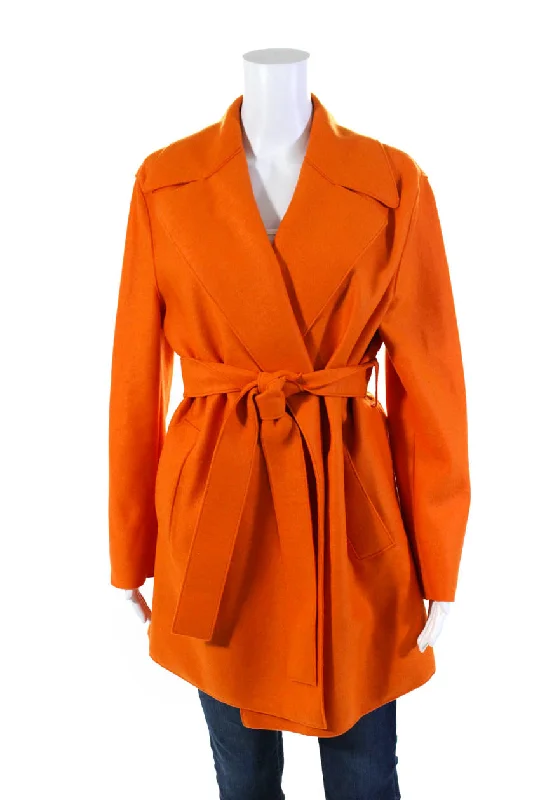 Mid - length women's down coats in a slim fit for a modern and sleek appearanceSharis Place Womens Belted Collared V Neck Coat Orange Wool