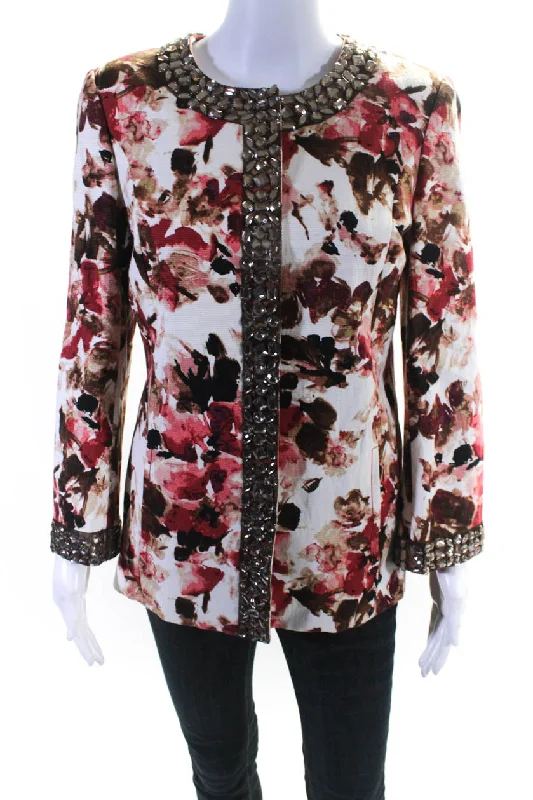 Water - resistant women's trench coats with adjustable cuffs for rainy daysSt. John Womens Button Front Crystal Trim Floral Jacket White Red Water - resistant women's trench coats with adjustable cuffs for rainy daysSt. John Womens Button Front Crystal Trim Floral Jacket White Red