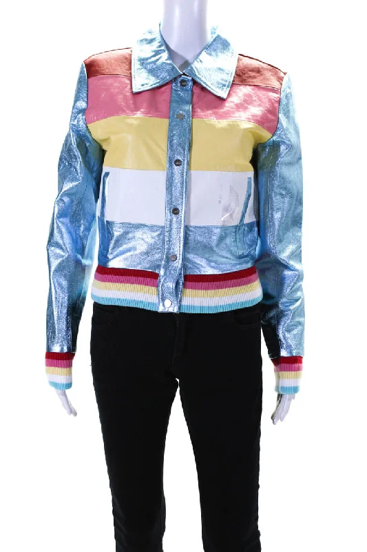 Women's cropped leather coats with silver studs for an edgy lookThe Mighty Company Womens Dover Bomber Jacket Multi Colored Women's cropped leather coats with silver studs for an edgy lookThe Mighty Company Womens Dover Bomber Jacket Multi Colored