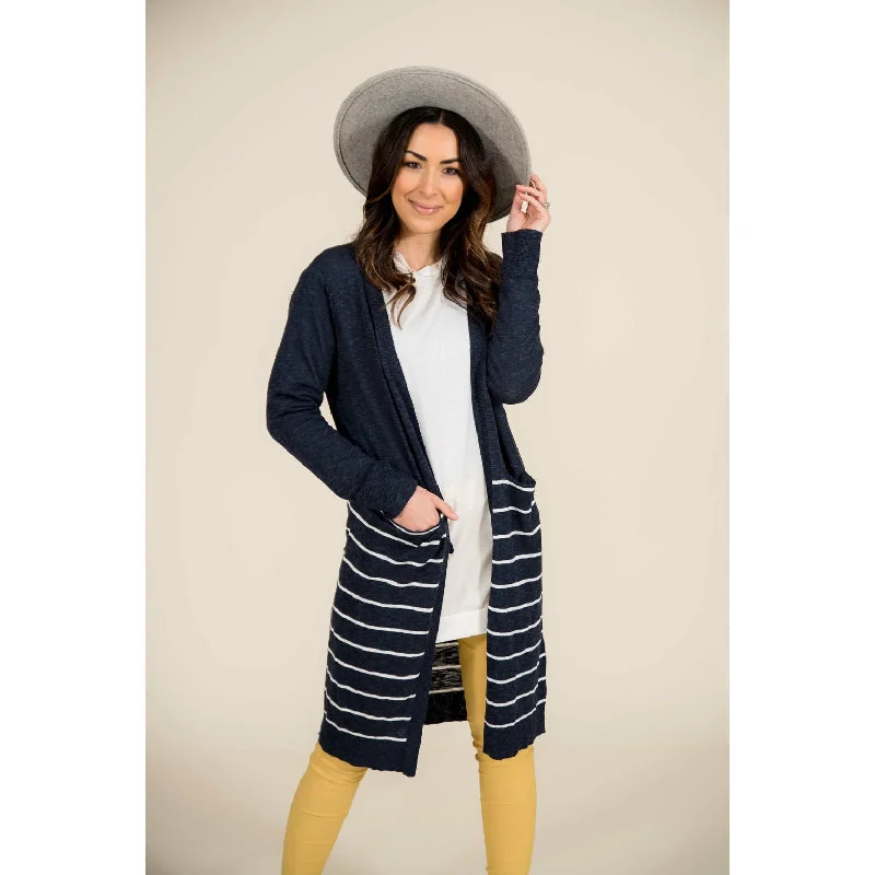 hand knitted women cardigan with artisanal charmBottom Striped Tunic Cardigan