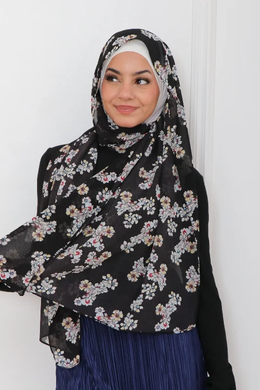 ribbed women cardigan with a classic textureFloral Chiffon Scarf- Black