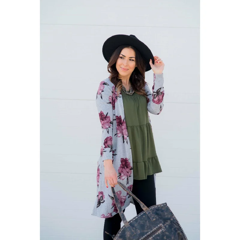 cashmere blend women cardigan for a luxurious feelMagenta Floral Tunic Cardigan