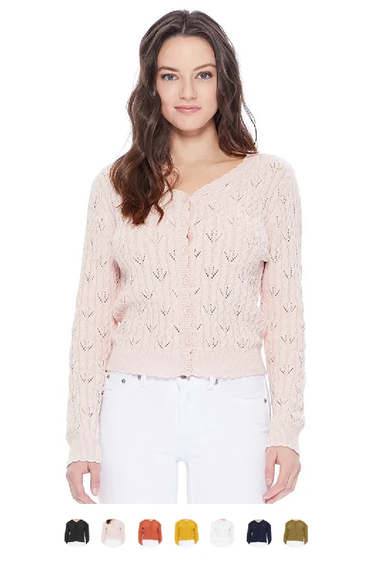 organic cotton women cardigan for an eco - friendly choiceYEMAK Women's Pointelle Patterned V-Neck Scallop Hem Button Down Cardigan MK3659