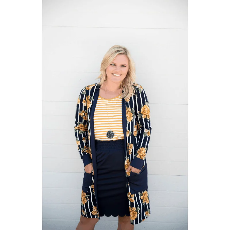 button down women cardigan with vintage buttonsMustard Floral Striped Tunic Cardigan
