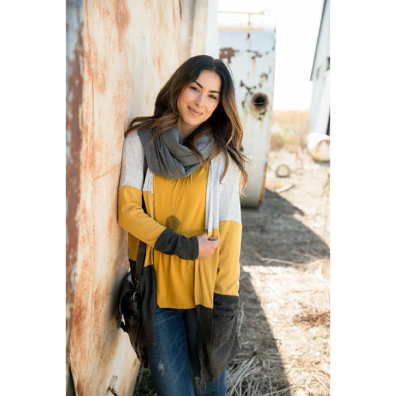 cropped women cardigan to pair with high - waisted jeansMustard/Grey Blocked Cardigan