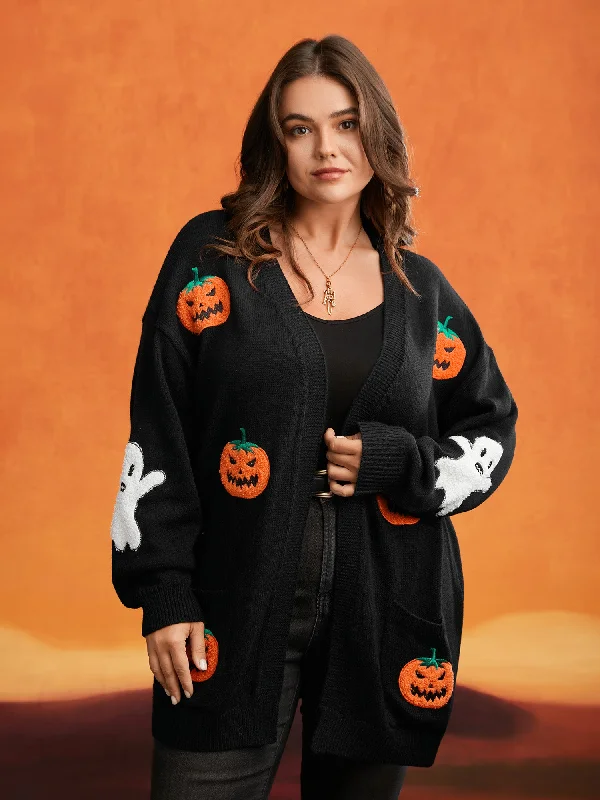 open front women cardigan for easy stylingPumpkin Ghost Embroidery Open Cardigan