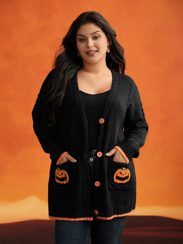 cable knit women cardigan with intricate patternsPumpkin Pocket Embroidered Contrasting Cardigan - For Halloween